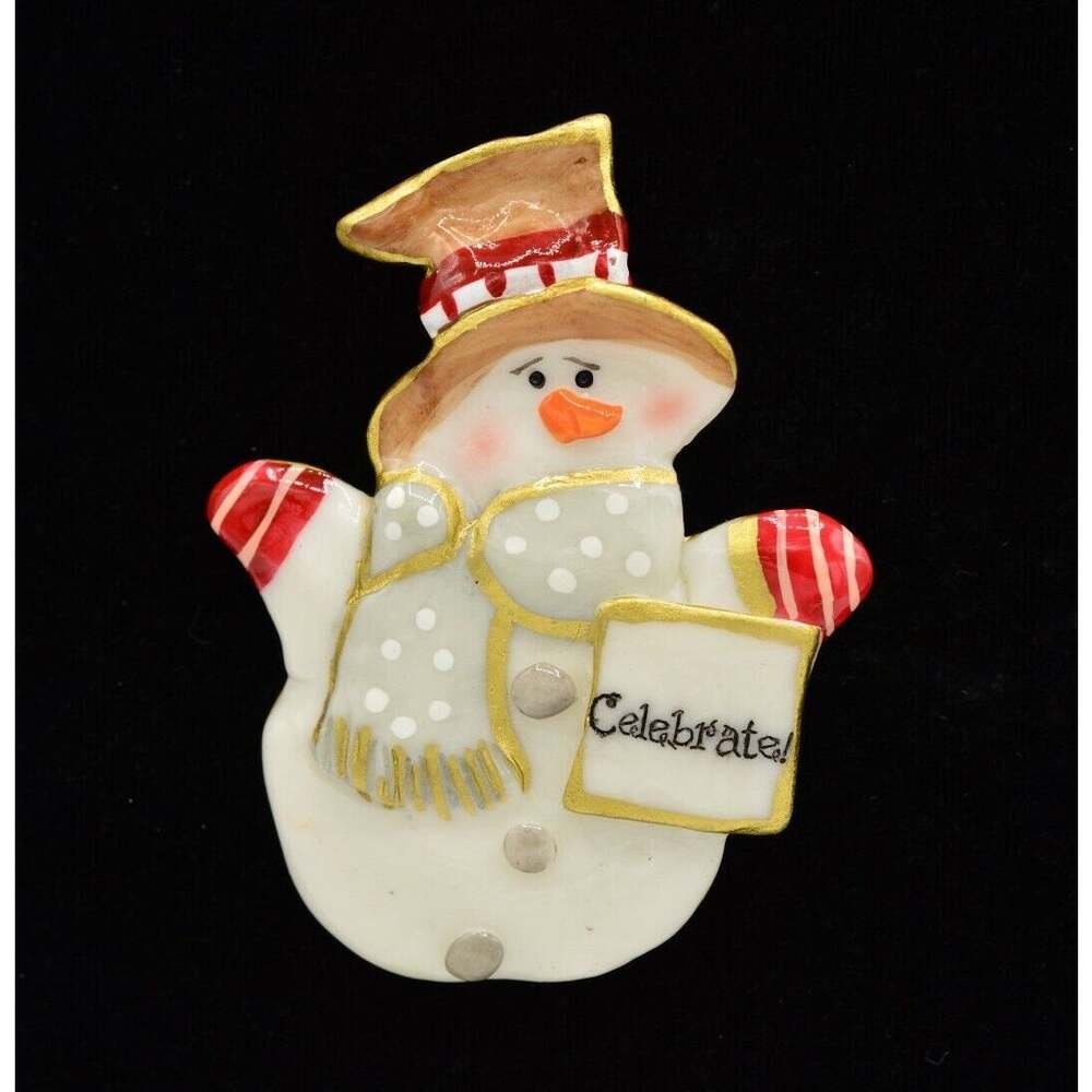 Vintage Snowman Pin Brooch Christmas Enamel Happy Celebrate Holiday Cute BinV